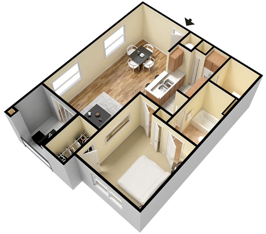 Floor plan for 1 bed, 1 bath, 802 sqft